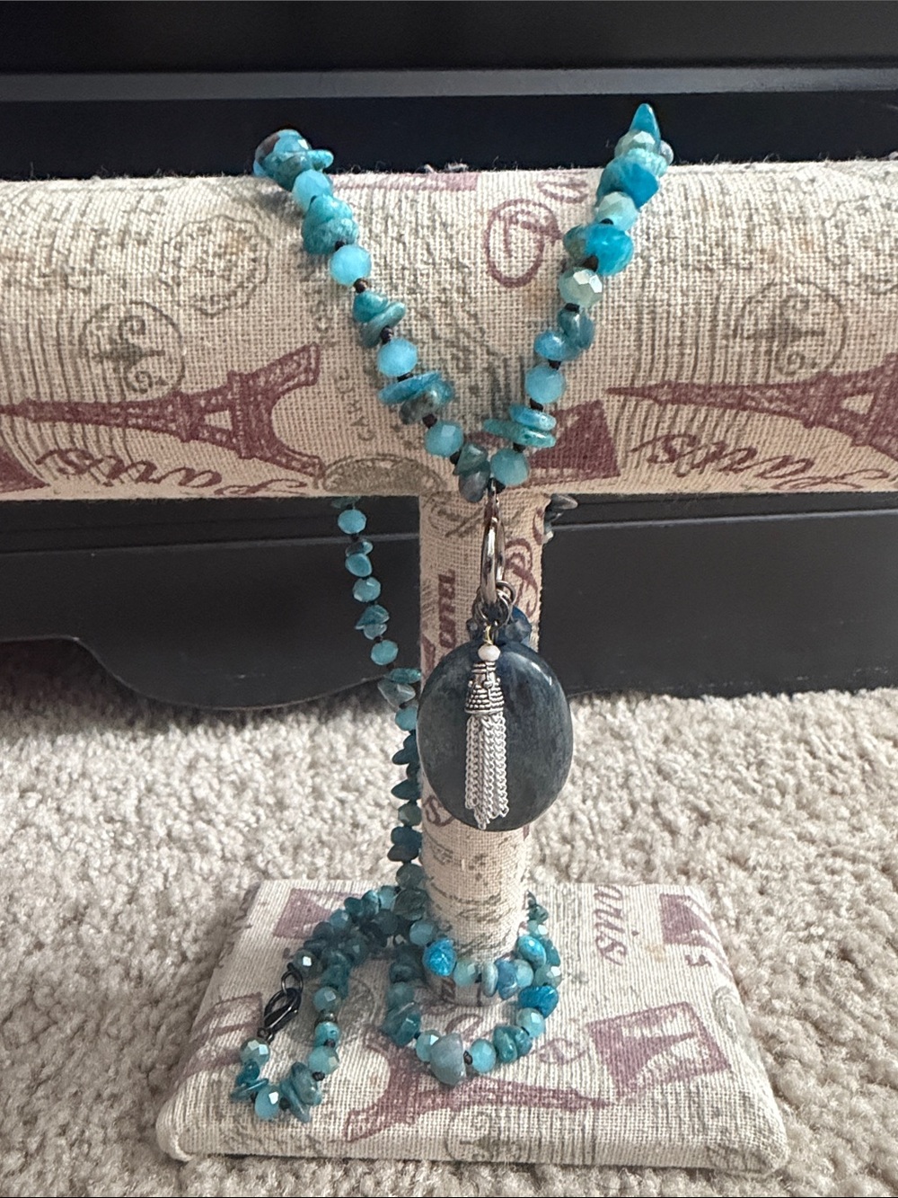 Blue Agate Pendant Necklace with Silver Tassel